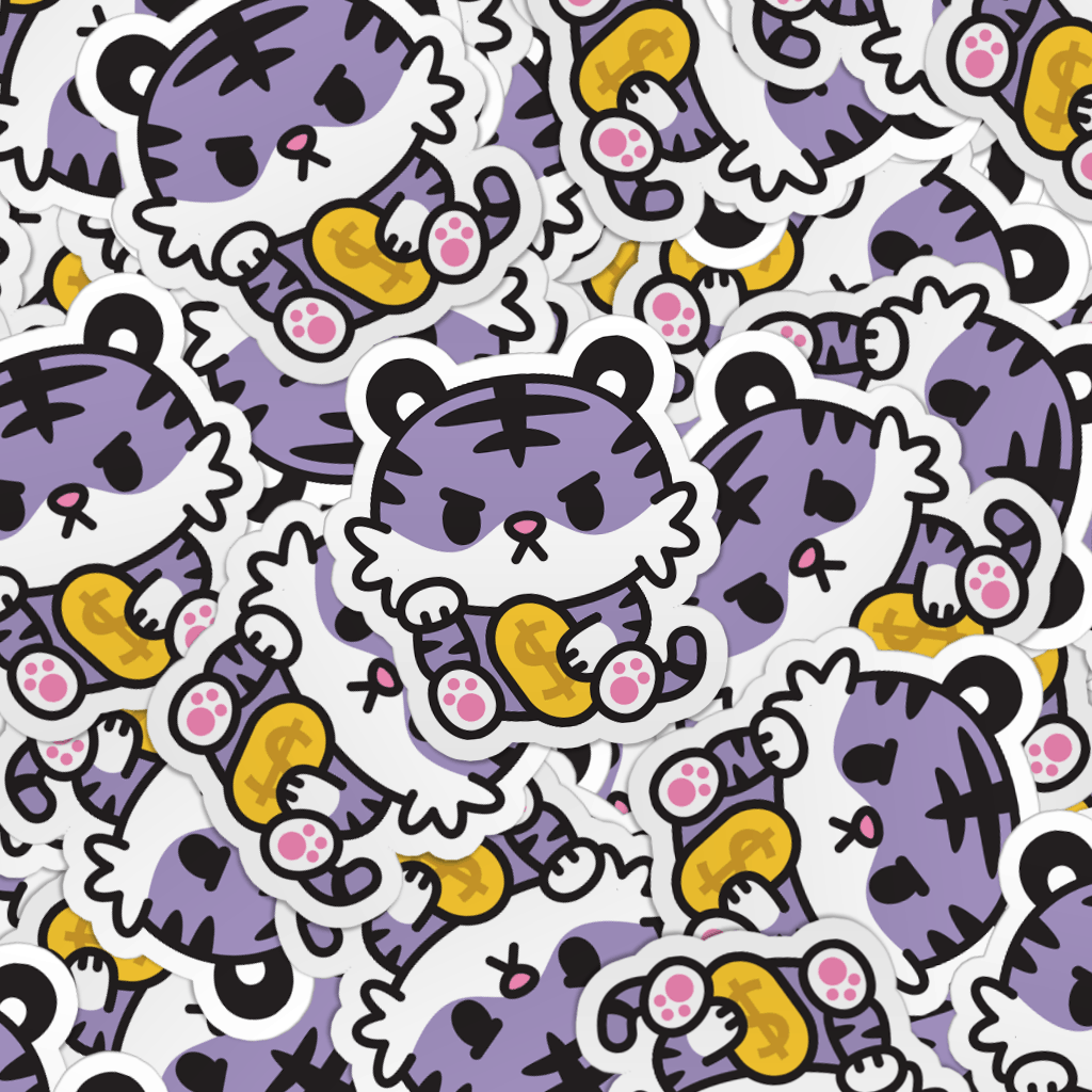 Pattern of purple and yellow cartoon tigers on a white background