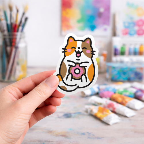 Cute Calico Donut Cat - Laptop Sticker - Monster Stickers