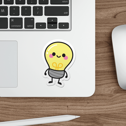 Laptop with a cute light bulb sticker on a wooden desk