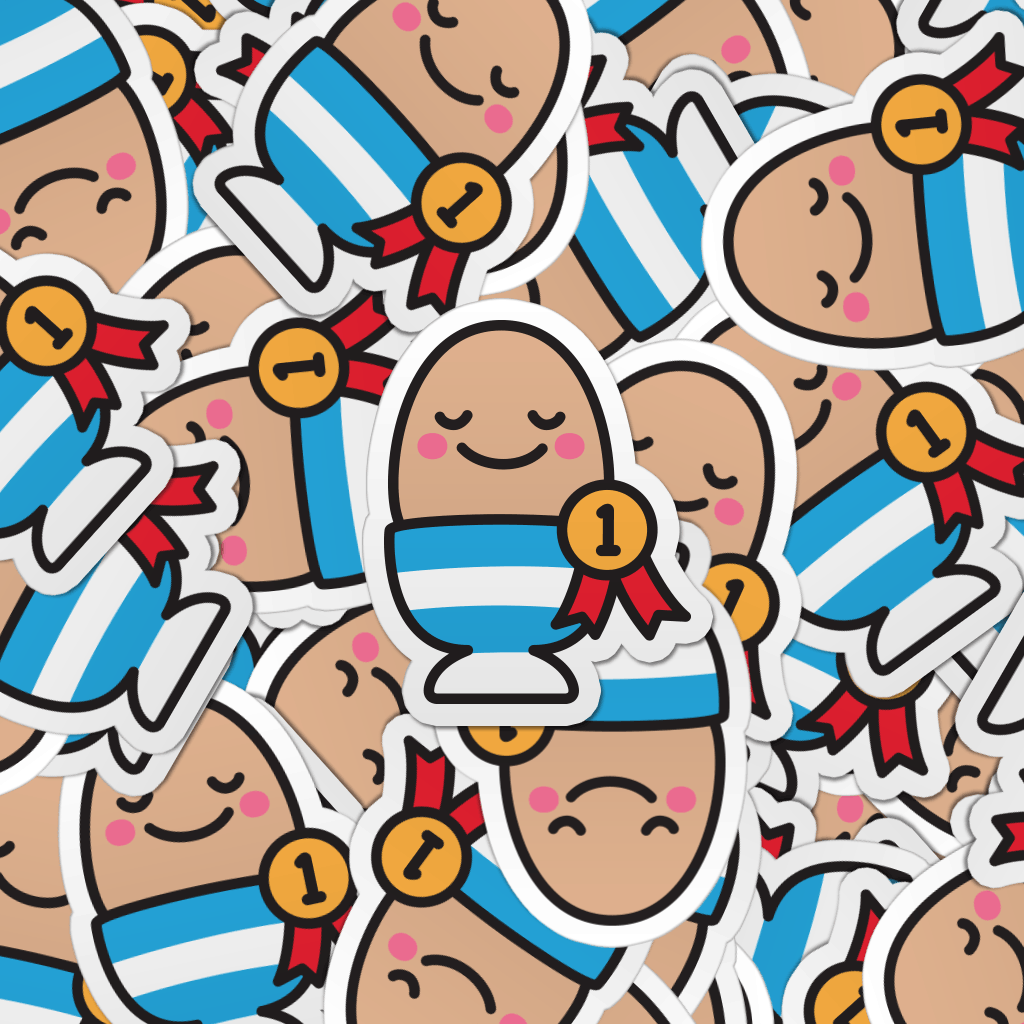 Pattern of multiple good egg die-cut vinyl laptop stickers.