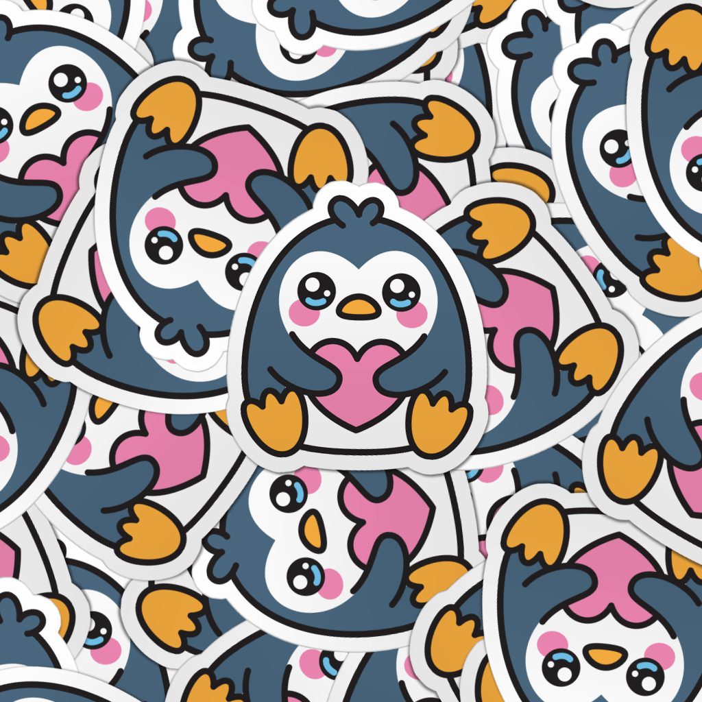 Pattern of multiple cute penguin die-cut vinyl laptop stickers.