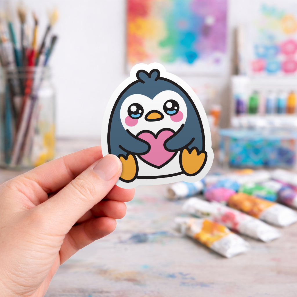 Cute Penguin With Heart - Laptop Sticker - Monster Stickers