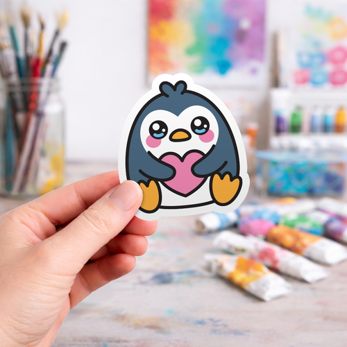 Cute Penguin With Heart - Laptop Sticker - Monster Stickers