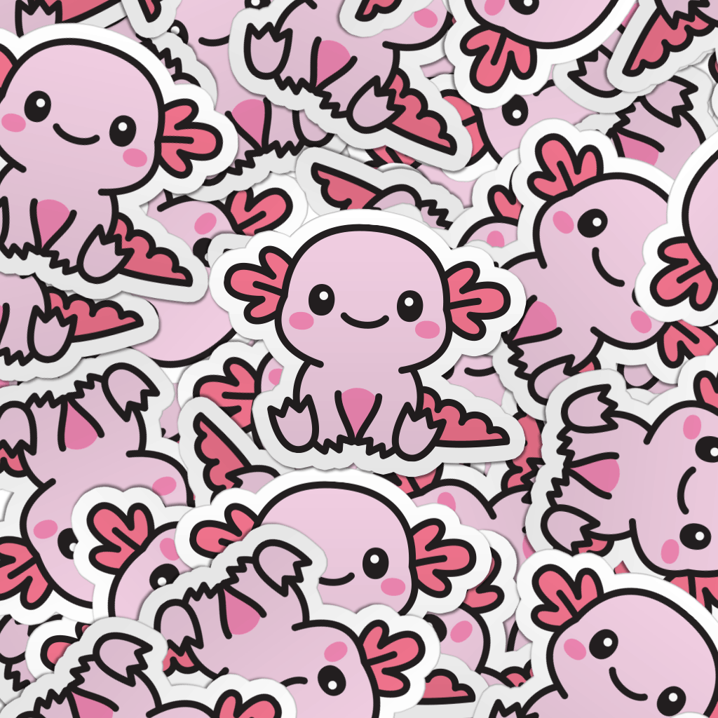 Pattern of multiple pink axolotl laptop stickers.