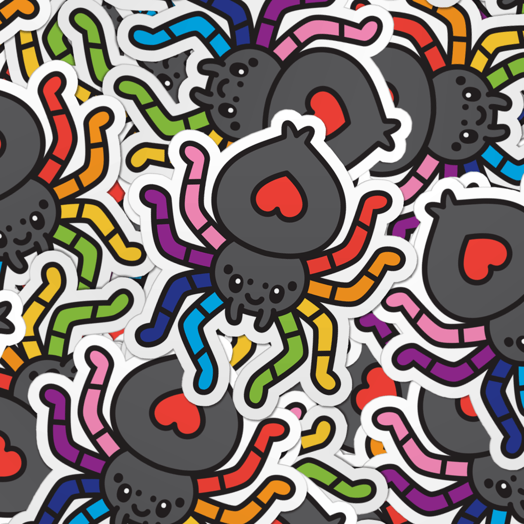 Pattern of multiple colourful tarantula laptop stickers.