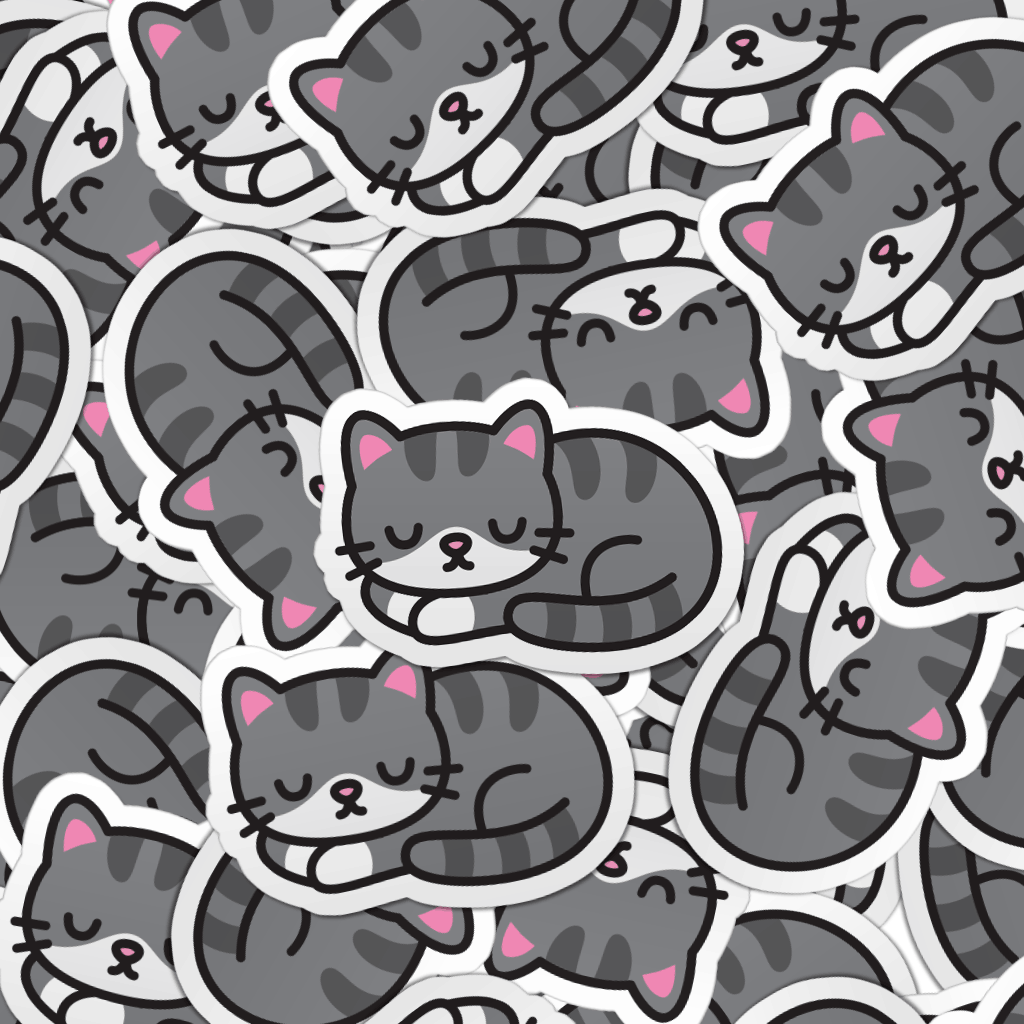 Pattern of multiple napping grey cat laptop stickers.