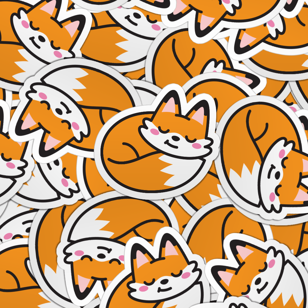 Pattern of multiple sleeping fox laptop stickers.