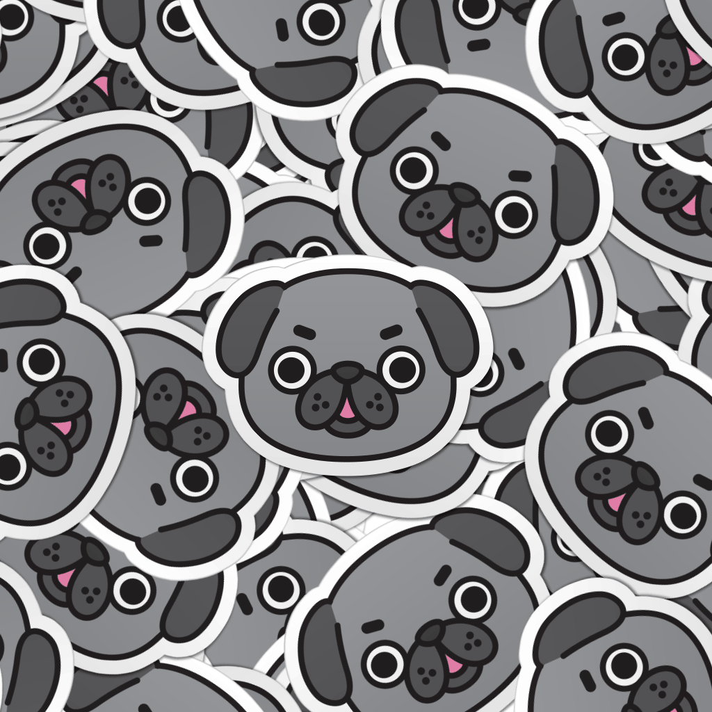 Pattern of multiple grey pug laptop stickers.