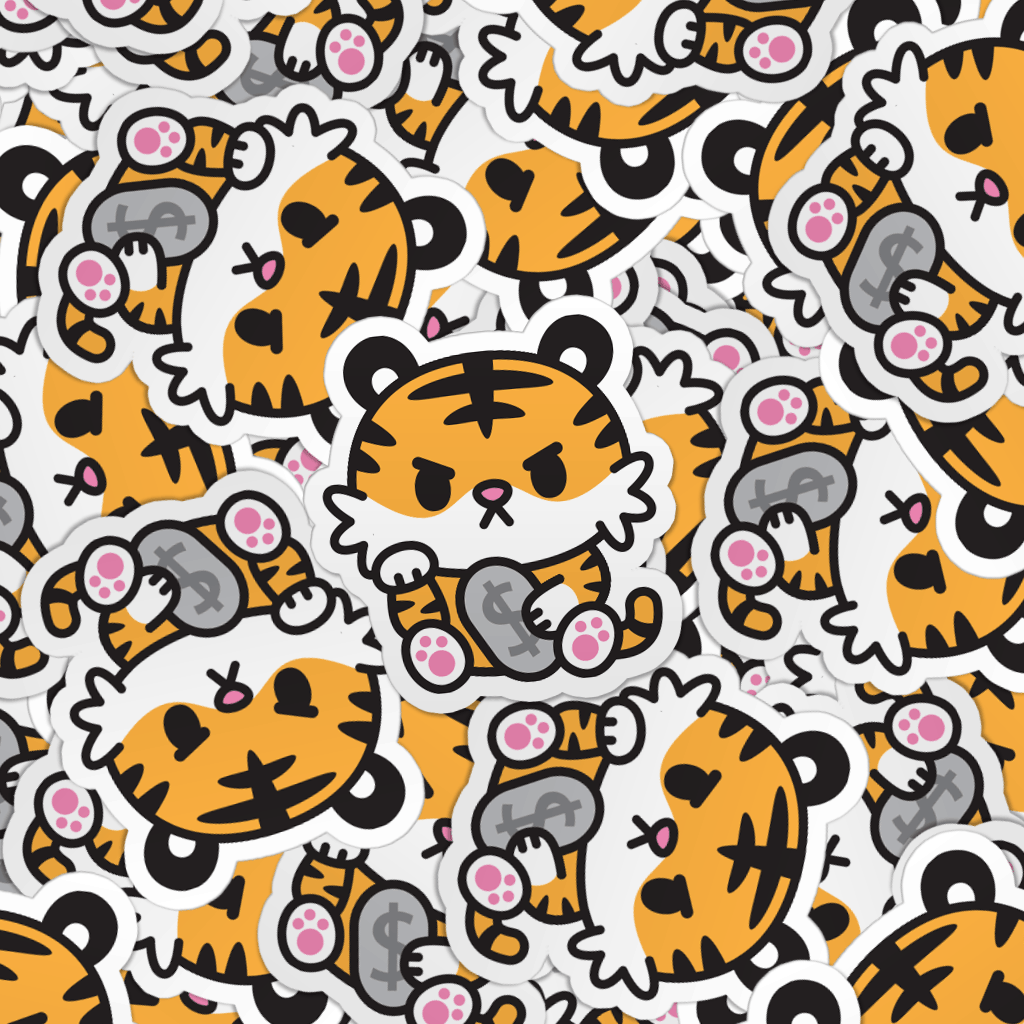 Pattern of cute tiger stickers with various poses on a white background