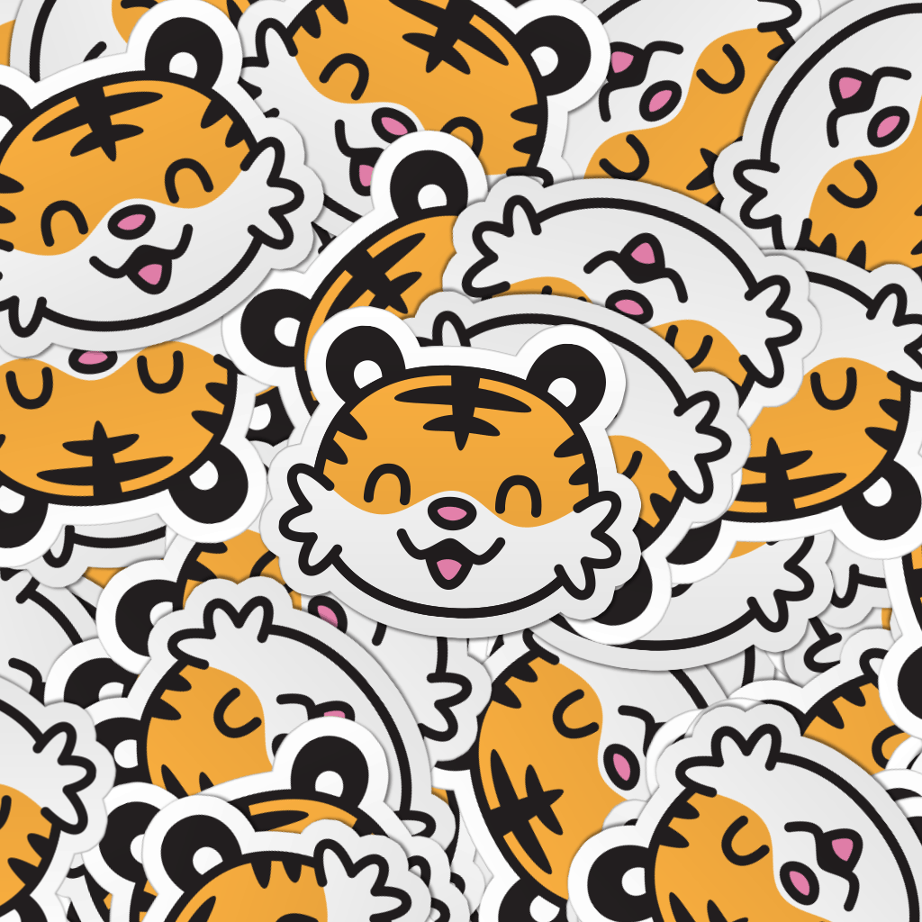 Pattern of multiple happy tiger laptop stickers.