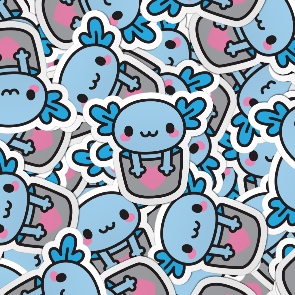 Pattern of multiple blue axolotl laptop stickers.