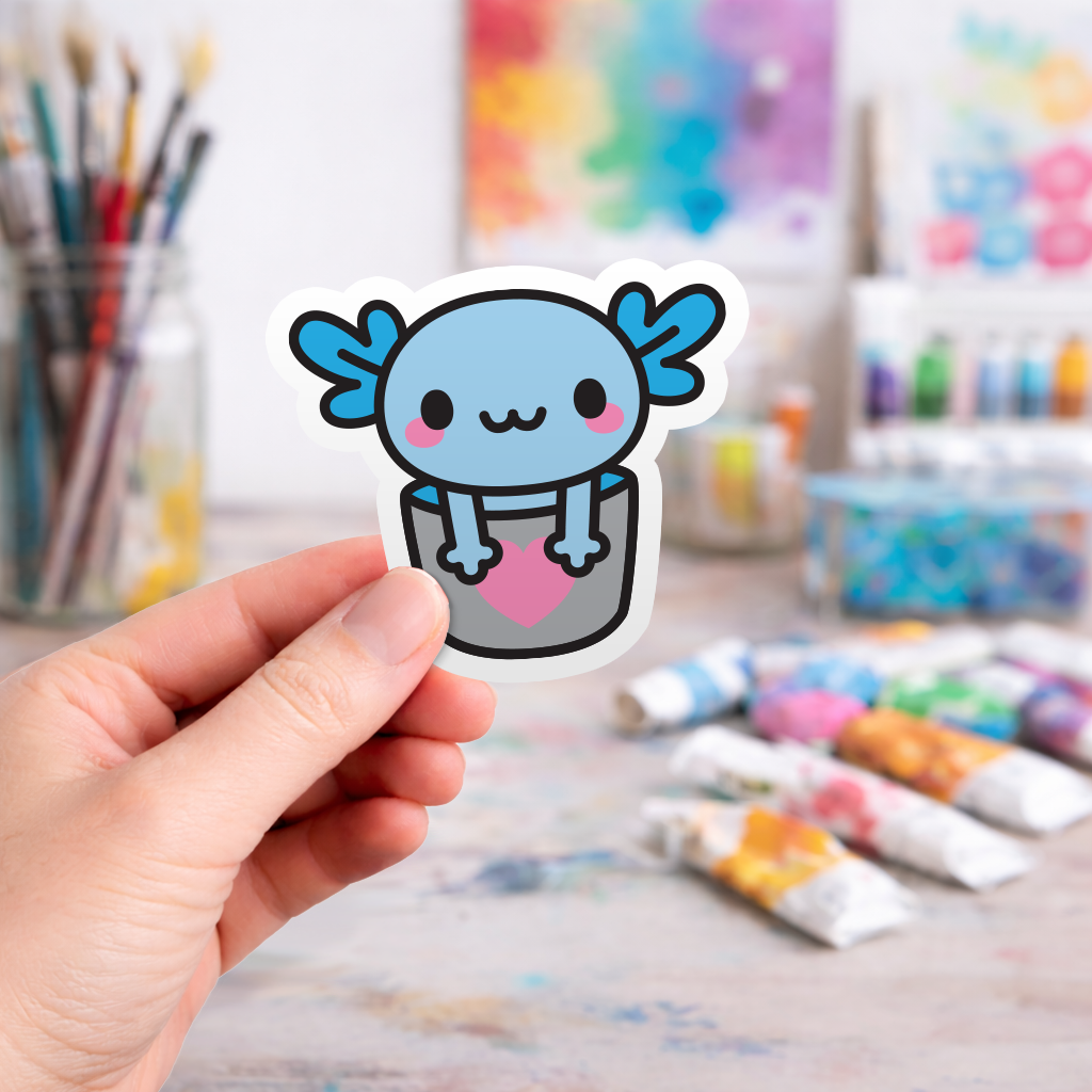 Kawaii Bucket Of Axolotl - Laptop Sticker - Monster Stickers