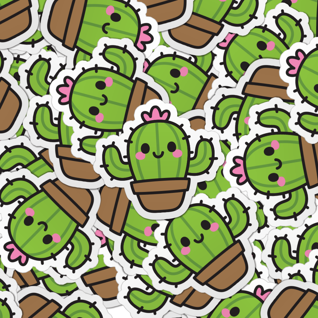 Pattern of multiple kawaii cactus die-cut vinyl, laptop stickers.
