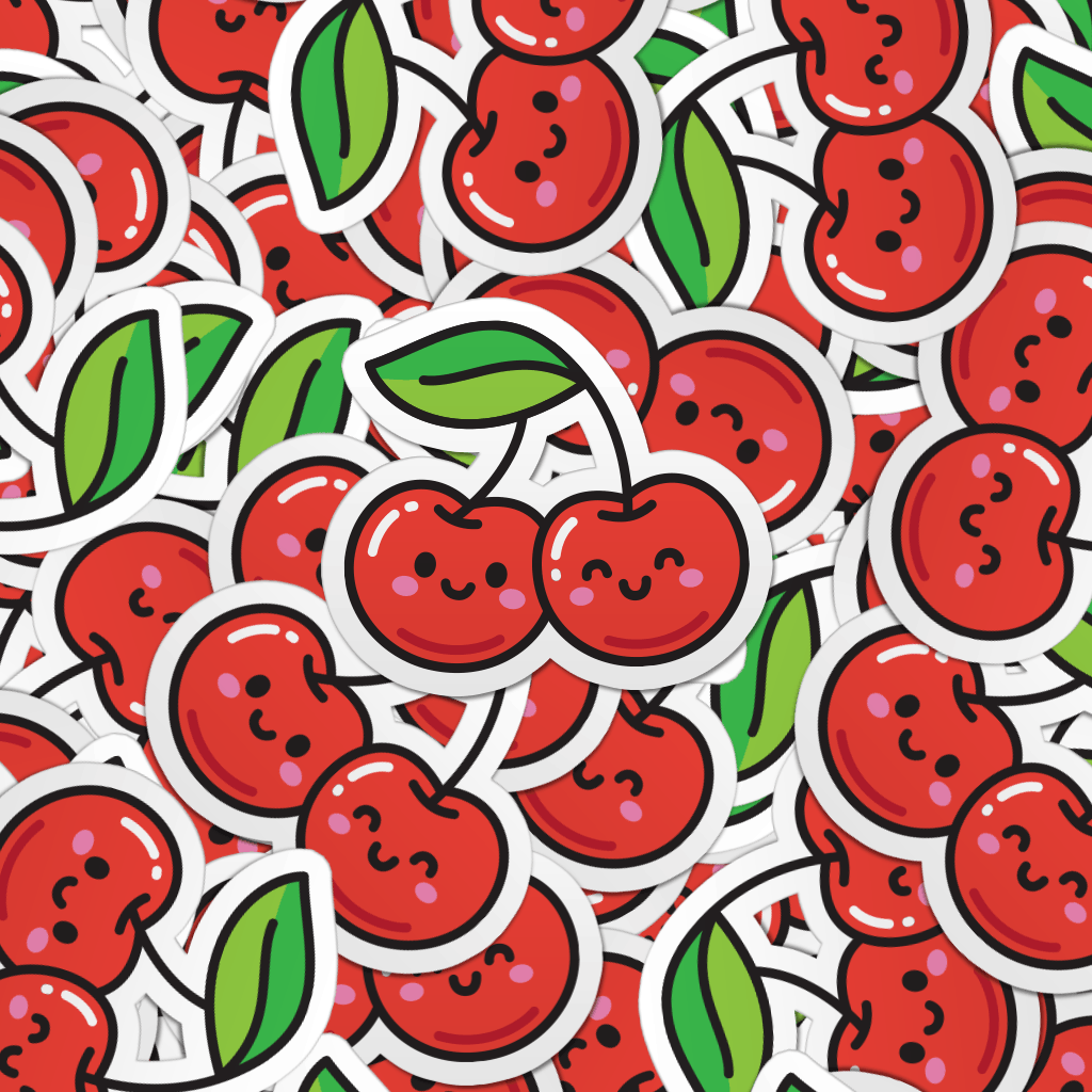 Pattern of multiple die-cut kawaii cherry vinyl laptop stickers.