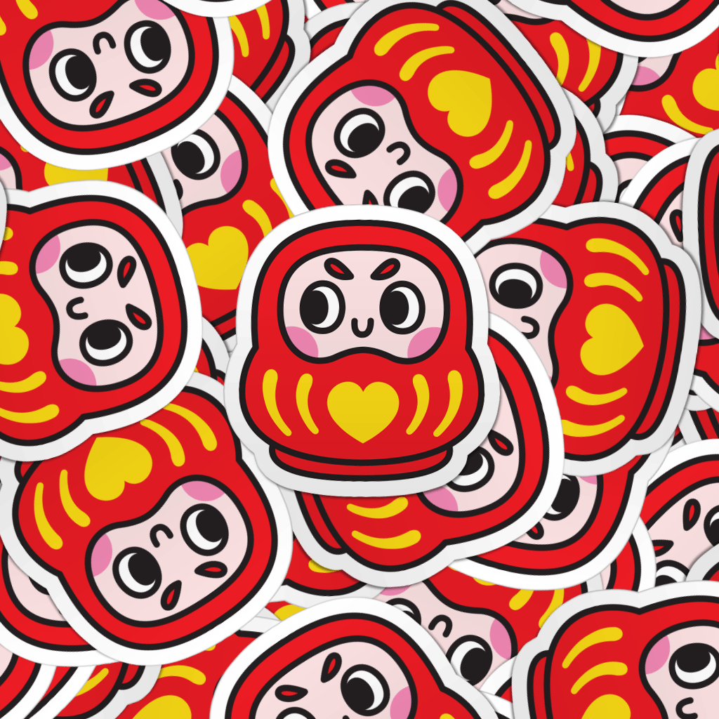 Pattern of multiple kawaii daruma laptop stickers.