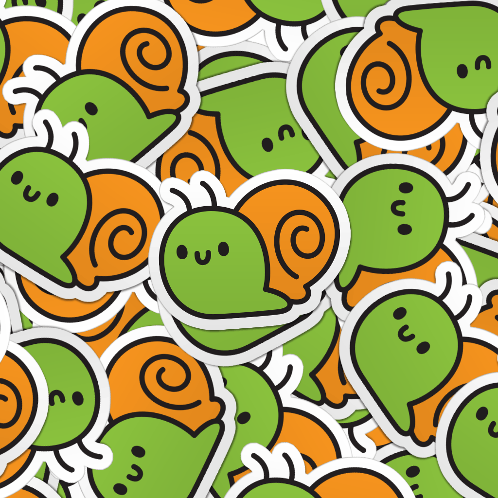 Pattern of multiple green snail laptop stickers.