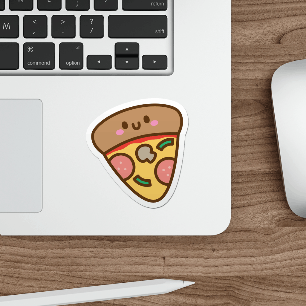 Laptop with a cute pizza slice sticker on a wooden desk