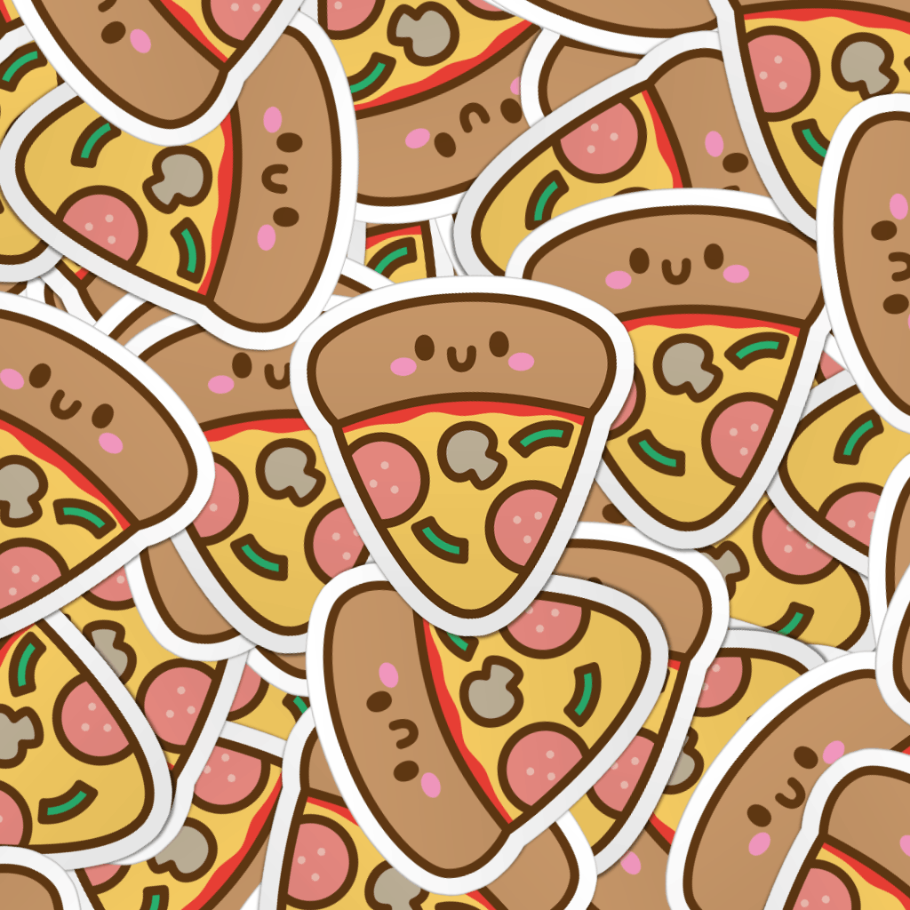 Pattern of cartoon pizza slices laptop stickers.