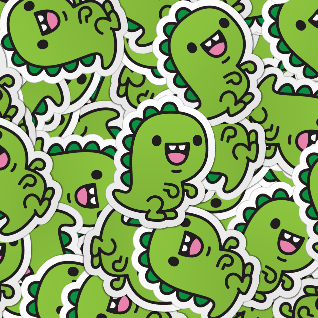Pattern of multiple t-rex dinosaur die-cut vinyl laptop stickers.