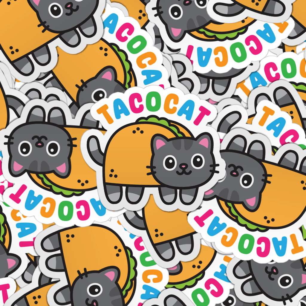 Pattern of multiple tacocat laptop stickers.