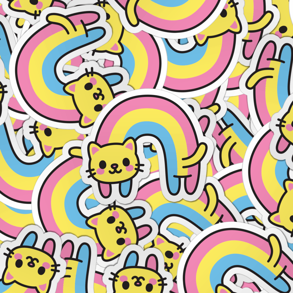 Pattern of multiple rainbow cat laptop stickers.
