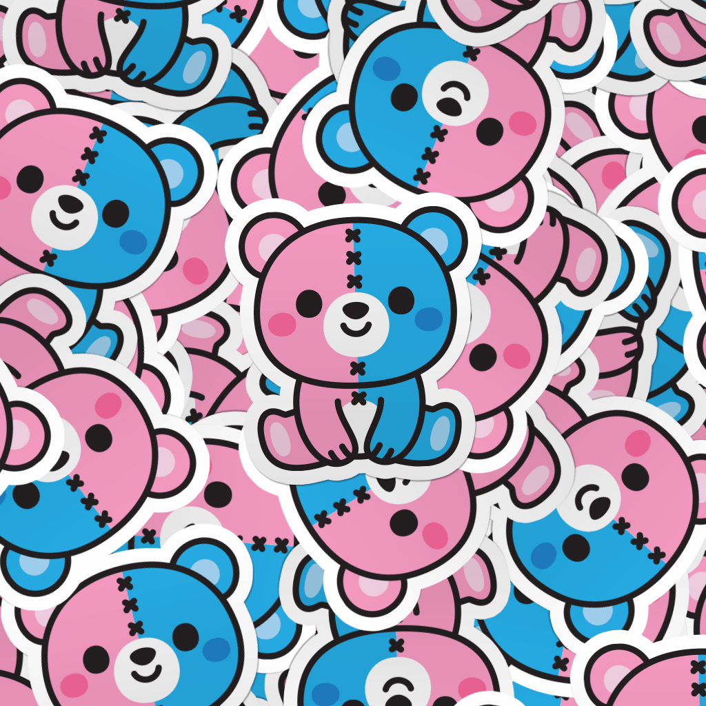Pattern of pink and blue teddy bears with black eyes and stitches 