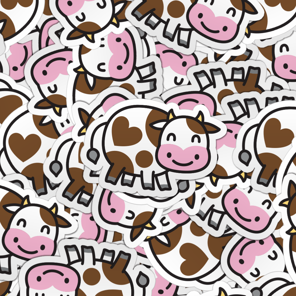 Pattern of multiple silly cow laptop stickers.