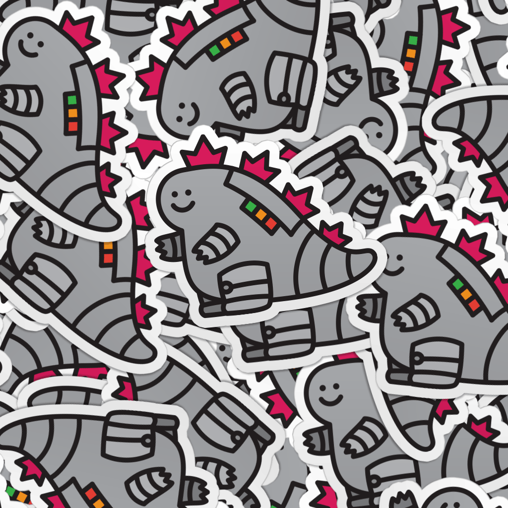 Pattern of godzilla robot stickers with colorful accents on a gray background